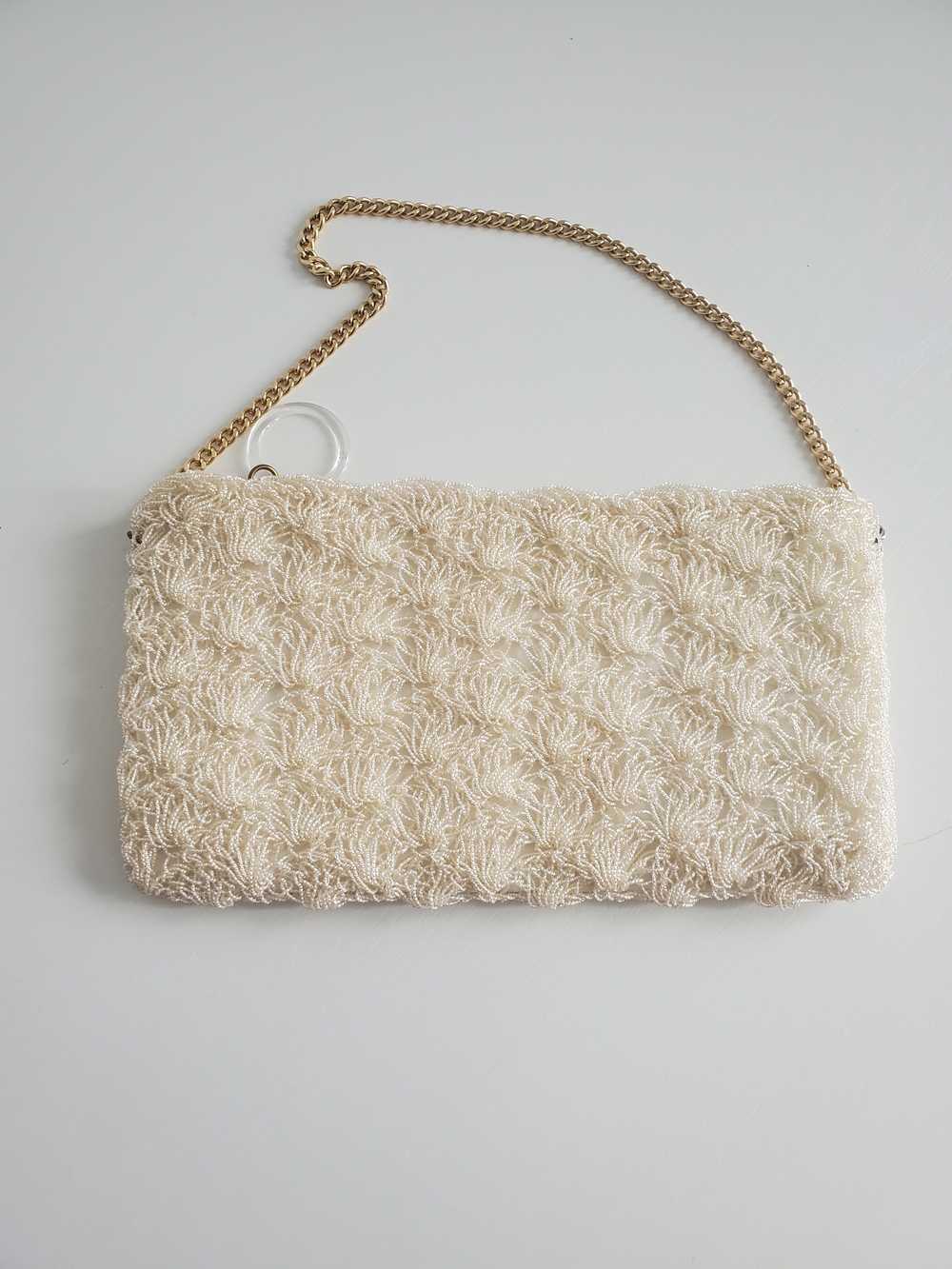 Micro Beaded Cream Clutch with Gold Chain Strap - 1960s